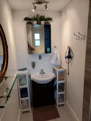 a bathroom with a sink and a mirror and shelves at Appartement Cartier 2 in Longueuil
