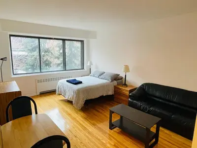 a living room with a bed and a couch at Stylish Montreal Apartment: Comfortable Stay in the Golden Square Mile in Montréal