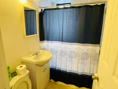 a bathroom with a toilet and a shower curtain at Stylish Montreal Apartment: Comfortable Stay in the Golden Square Mile in Montréal