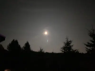 a moon in the sky over trees on a hill at Gîte des étoiles in Notre-Dame-Des-Bois