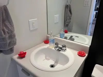 a bathroom with a white sink and a mirror at Condo Phoenix prés du Lac Memphrémagog. in Magog-Orford