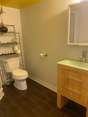 a bathroom with a toilet and a sink at Havre de paix in Laval