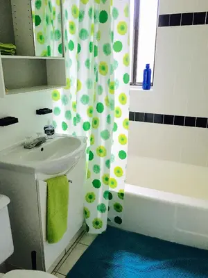 a bathroom with a sink and a shower curtain at Stylish Montreal Apartment: Comfortable Stay in the Golden Square Mile in Montréal