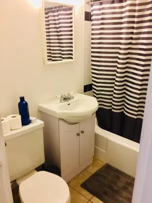 a bathroom with a sink and a toilet and a shower at Stylish Montreal Apartment: Comfortable Stay in the Golden Square Mile in Montréal