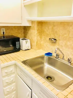 a kitchen with a sink and a microwave at Stylish Montreal Apartment: Comfortable Stay in the Golden Square Mile in Montréal