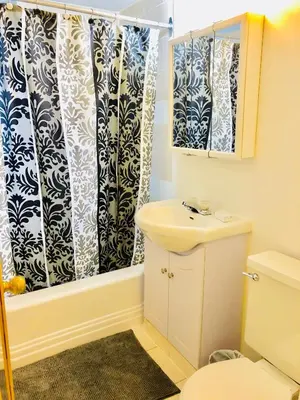 a bathroom with a sink and a shower curtain at Stylish Montreal Apartment: Comfortable Stay in the Golden Square Mile in Montréal