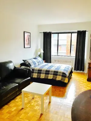 a living room with a couch and a bed at Stylish Montreal Apartment: Comfortable Stay in the Golden Square Mile in Montréal