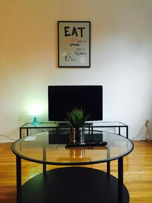 a glass coffee table with a plant on top of it at Stylish Montreal Apartment: Comfortable Stay in the Golden Square Mile in Montréal