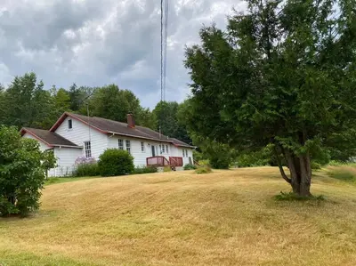 a white house with a tree in the yard at Le Highwater - Cabin in Mansonville