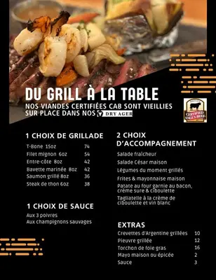 a menu for a restaurant with shrimp and vegetables at Auberge et Chalets sur le Lac in Lac-Mégantic