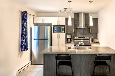 a kitchen with a sink and a refrigerator at Appartment 2BR 4 beds AC wi-Fi Smart TV FreeParking in Laval