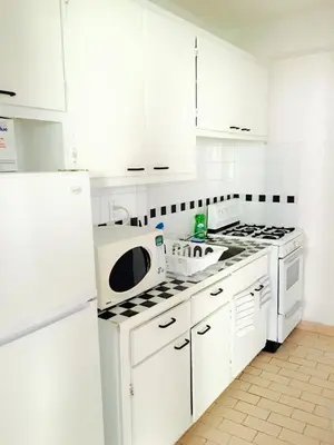 a white kitchen with white cabinets and a stove top oven at Stylish Montreal Apartment Comfortable Stay in the Golden Square Mile in Montréal