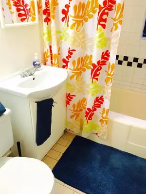 a bathroom with a sink and a toilet and a shower curtain at Stylish Montreal Apartment: Comfortable Stay in the Golden Square Mile in Montréal