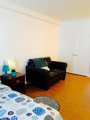 a living room with a couch and a bed at Stylish Montreal Apartment: Comfortable Stay in the Golden Square Mile in Montréal