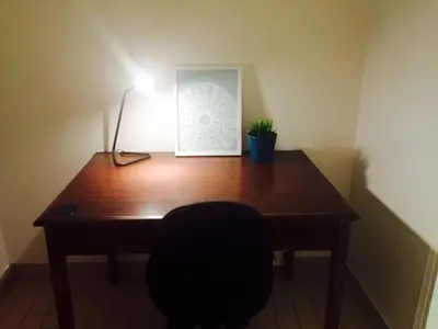 a wooden desk with a lamp and a plant on it at Stylish Montreal Apartment: Comfortable Stay in the Golden Square Mile in Montréal