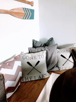 a pile of pillows sitting on a table at OMagogcondo com B in Magog-Orford
