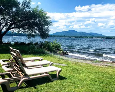 a row of lounge chairs sitting on the grass by the water at OMagogcondo com B in Magog-Orford