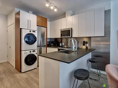 a kitchen with a sink and a washer and dryer at The Downtown Zando in Montréal