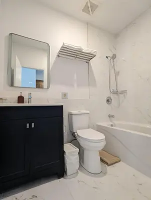 a bathroom with a toilet and a sink and a mirror at 2 Bedrooms, 1 Sofa bed and 1,5 Bathrooms, Renovated Apartment in the Heart of Plateau Mont-Royal in Montréal