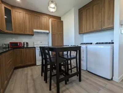 a kitchen with a black table and white appliances at 2 Bedrooms, 1 Sofa bed and 1,5 Bathrooms, Renovated Apartment in the Heart of Plateau Mont-Royal in Montréal