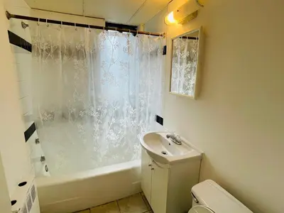 a bathroom with a sink and a shower curtain at Stylish Montreal Apartment in Montréal