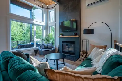 a living room with a green couch and a fireplace at Évasion Nature Adstock - Sauna, Ski & Spa in Thetford Mines