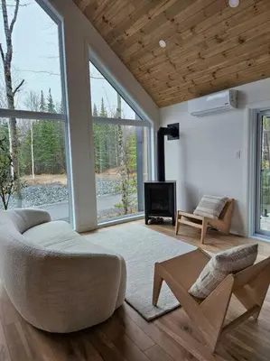 a living room with a couch and a fireplace at Chalet Le Hygge Hytte - Ski - Golf - Spa in Thetford Mines