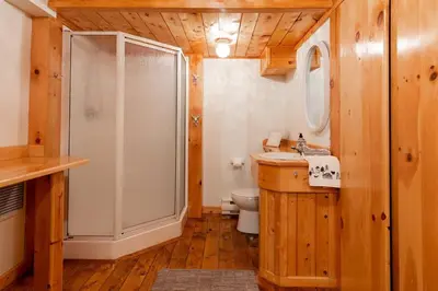 a bathroom with a shower and a sink and a toilet at L'Orford VIEW POOL TENNIS SPA in Orford