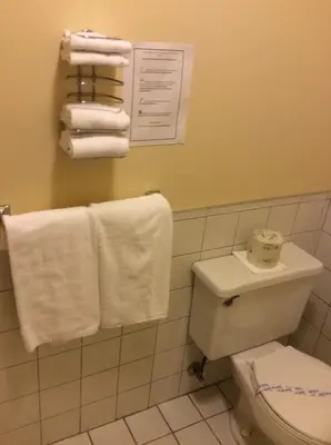 a bathroom with a white toilet and towels at Hôtel Travelodge by Wyndham Victoriaville in Victoriaville