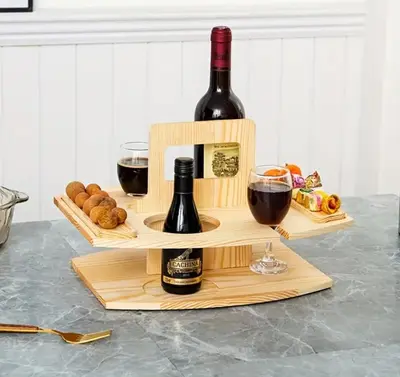 a wooden shelf with two glasses of wine and bread at Sky Bridge Spectacular in Montréal