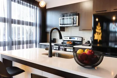 a kitchen with a bowl of fruit on a counter at Luxury Artist Condo In Montreal in Montréal