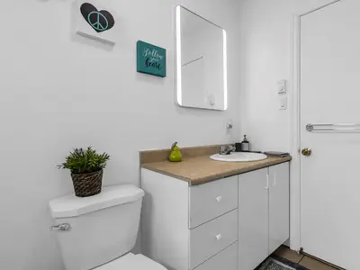 a bathroom with a toilet and a sink and a mirror at Cozy 3 Bedrooms Montreal in Montréal