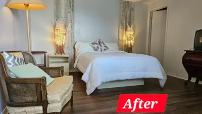 a bedroom with a bed and a chair and a sign that says after at Hotel Oasis Lac St-Louis in Salaberry de Valleyfield