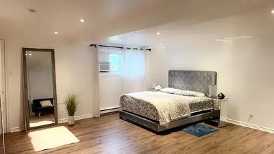 a bedroom with a bed and a mirror at Spacious basement apartment in Montréal