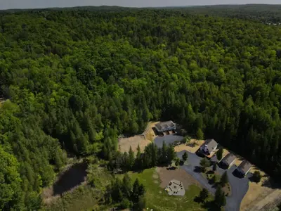 an aerial view of a house in the woods at Chalet 1 OST Shefford in Shefford