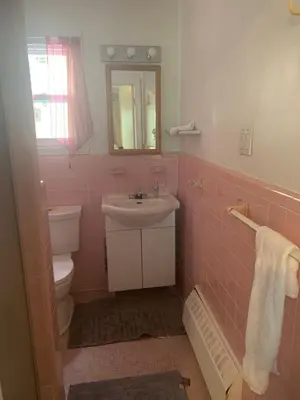 a pink bathroom with a sink and a toilet at Montréal Steps Downtown Private Rooms in Montréal
