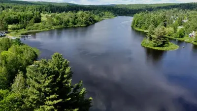 an aerial view of a river with trees in the middle at Chalet Aventure Orford in Orford