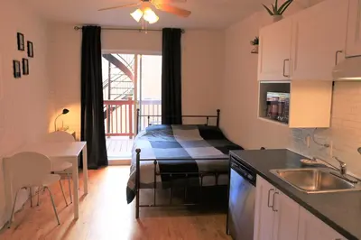 a kitchen and living room with a bed in a room at Cozy studio in montreal in Montréal