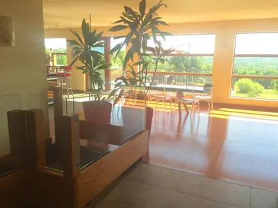 a living room with a table and some plants at Spacious luxurious Villa, bright cottage, pool, Jacuzzi, sauna, nature in Mansonville