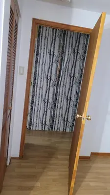 a door leading into a room with a curtain with trees at CosyRoom in Brossard