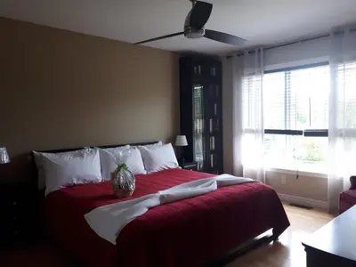 a bedroom with a large red bed with a plant on it at Maison aux Mésanges in Waterloo
