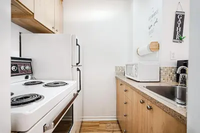 a kitchen with a white refrigerator and a sink at Lumière et Propreté à McGill parking gratuit in Montréal
