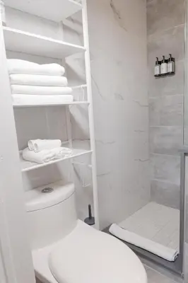 a white bathroom with a toilet and a shower at #4 - Quaint Studio - Self Check in - Plateau - St-Denis - AC - TV in Montréal