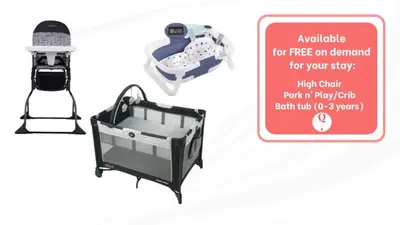 a picture of a baby crib with a sign that reads available for free on demand at #8 - Refined Studio - Self Check in - Plateau - St-Denis - AC - TV in Montréal