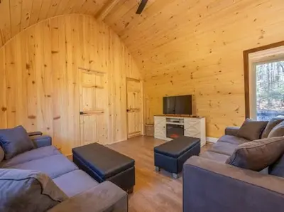 a living room with two couches and a tv at Le POD du Mont ADSTOCK spa ski motoneige VTT plein air arcade in Adstock