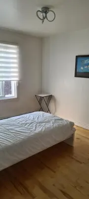 a bedroom with a bed and a ceiling fan at Chambres à louer in Montréal