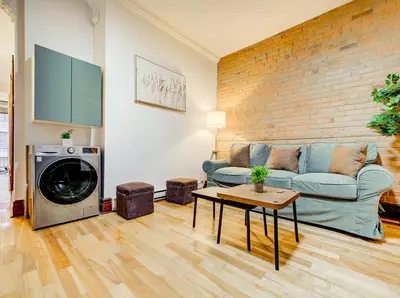 a living room with a couch and a washing machine at Great 3B unit on Saint-Urbain in Montréal