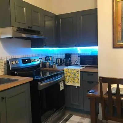 a kitchen with black cabinets and a stove top oven at cute 2 bedroom unit, ground floor, downtown, 32 days minimum in Montréal