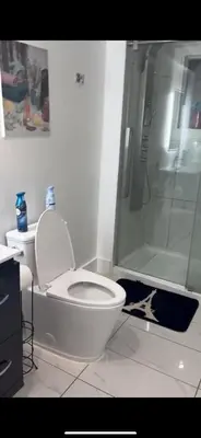 a bathroom with a white toilet and a shower at Marlene in Montréal