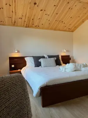 a bedroom with a large bed with a wooden ceiling at Le Garage 17 in Frelighsburg